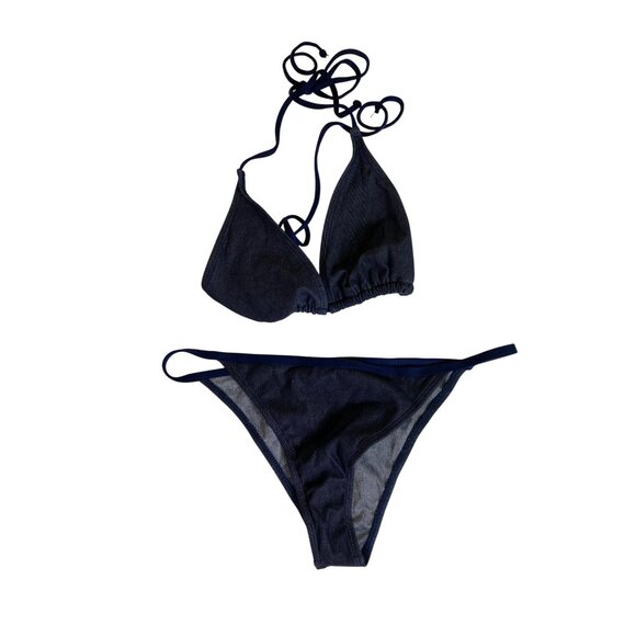 Navy Blue Halter Triangle Bikini XL Fashion Nova Sexy Denim Jean Look‎ Y2K Beach - Picture 3 of 11
